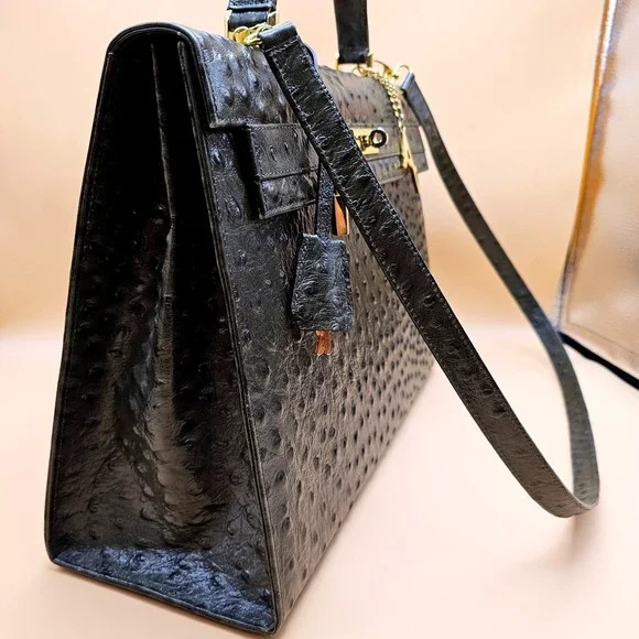 Andalossi Ostrich Embossed Leather Satchel Handbag With Lock‎ Charm and Dust Bag